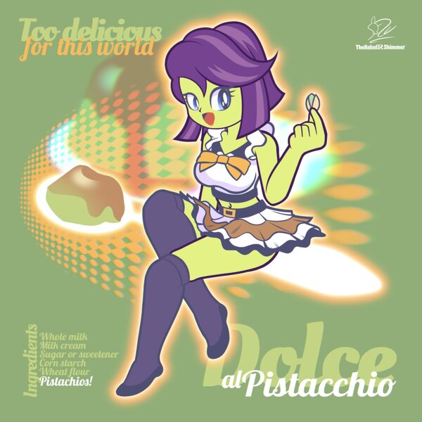 Size: 1920x1920 | Tagged: safe, artist:theratedrshimmer, derpibooru import, caramel, pistachio, victoria, human, equestria girls, g4, adorasexy, aesthetics, chibi, chromatic aberration, clothes, cute, dessert, female, food, image, jpeg, maid, sexy, socks, solo, spoon, stockings, thigh highs, y2k