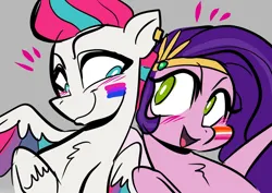 Size: 1754x1240 | Tagged: safe, artist:jully-park, derpibooru import, pipp petals, zipp storm, pegasus, pony, g5, bisexual pride flag, ear piercing, earring, female, headband, image, jewelry, lesbian pride flag, looking at each other, looking at someone, mare, mouthpiece, open mouth, open smile, piercing, png, politics, pride, pride flag, royal sisters (g5), siblings, simple background, sisters, smiling, smiling at each other, transbian pride flag