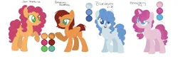 Size: 1434x476 | Tagged: safe, artist:trollertnt, derpibooru import, oc, oc:blueberry pie, oc:jam sandwich, oc:raspberry jam, oc:strawberry pie, unofficial characters only, earth pony, pony, unicorn, base used, blue coat, blue eyes, blue pupils, brown coat, color palette, colored pupils, earth pony oc, female, green eyes, green pupils, grin, half-siblings, horn, image, mare, name, offspring, open mouth, open smile, orange coat, parent:cheese sandwich, parent:pinkie pie, parent:pokey pierce, parents:cheesepie, parents:pokeypie, pink coat, png, siblings, simple background, sisters, smiling, teeth, unicorn oc, white background