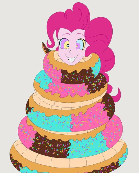 Size: 1639x2048 | Tagged: safe, alternate version, artist:hiromasayoshi, derpibooru import, pinkie pie, human, equestria girls, g4, alternate, coils, cute, diapinkes, donut, donut snake, female, food, grin, hypno eyes, hypno pie, hypnosis, hypnotized, image, jpeg, kaa eyes, smiling, wrapped snugly, wrapped up