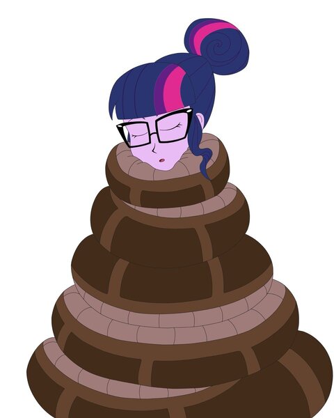 Size: 960x1200 | Tagged: safe, alternate version, artist:hiromasayoshi, derpibooru import, sci-twi, twilight sparkle, human, snake, equestria girls, g4, alternate, coils, cute, duo, female, glasses, hypnosis, hypnotized, image, jpeg, kaa, simple background, sleeping, twiabetes, white background, wrapped snugly, wrapped up