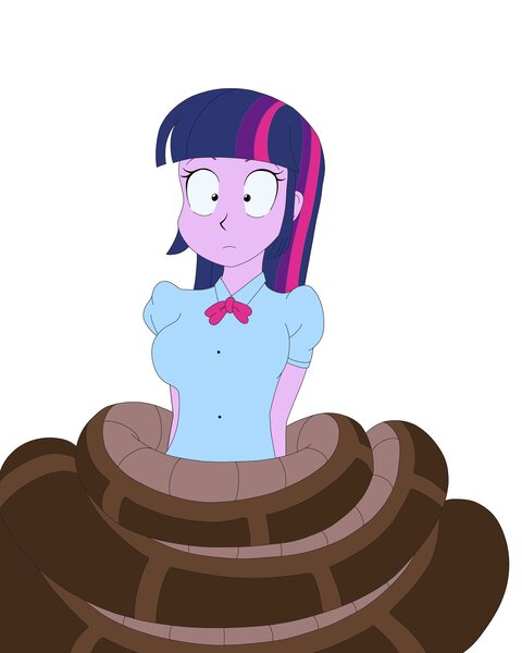 Size: 3277x4096 | Tagged: safe, alternate version, artist:hiromasayoshi, derpibooru import, twilight sparkle, human, snake, equestria girls, g4, alternate, awake, breasts, busty twilight sparkle, clothes, coils, female, image, jpeg, kaa, shrunken pupils, simple background, surprised, white background, wide eyes, wrapped up