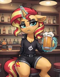 Size: 800x1024 | Tagged: safe, ai content, derpibooru import, machine learning generated, prompter:thelight3d, stable diffusion, sunset shimmer, g4, alcohol, bar, beer, clothes, eyeshadow, generator:pony diffusion v6 xl, image, magic, makeup, png, shorts, telekinesis, whiskey