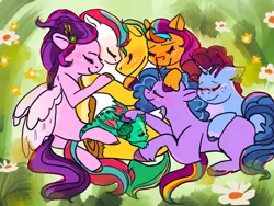 Size: 1280x960 | Tagged: safe, artist:flurryheart04, derpibooru import, hitch trailblazer, izzy moonbow, pipp petals, sparky sparkeroni, sunny starscout, zipp storm, dragon, earth pony, pegasus, pony, unicorn, g5, abstract background, applejack (g5), baby, baby dragon, blushing, eyes closed, female, floppy ears, flower, fluttershy (g5), group hug, horn, hug, image, jpeg, male, mane five, mane six (g5), mare, misty brightdawn, pinkie pie (g5), rainbow dash (g5), rarity (g5), rebirth misty, smiling, stallion, twilight sparkle (g5)