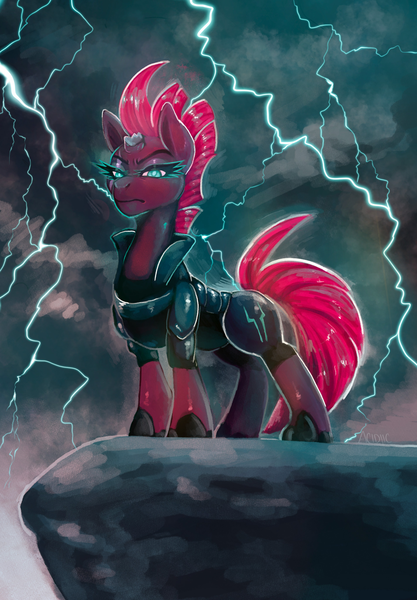 Size: 1423x2048 | Tagged: safe, artist:acidiicx, derpibooru import, tempest shadow, pony, unicorn, armor, broken horn, eye scar, facial scar, female, horn, image, lightning, looking at you, mare, png, scar, solo