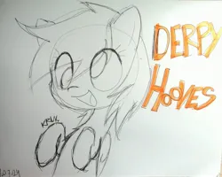 Size: 3290x2636 | Tagged: safe, artist:kruvvv, derpibooru import, derpy hooves, pony, g4, colorless, cross-eyed, hooves to the chest, image, irl, jpeg, open mouth, photo, raised hoof, raised hooves, simple background, sketch, solo, text, traditional art, white background