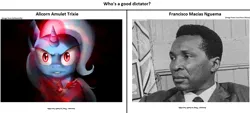 Size: 1887x853 | Tagged: safe, derpibooru import, trixie, human, pony, unicorn, g4, alicorn amulet, dictator, equatorial guinea, francisco macias nguema, horn, image, ms paint, png, this will end in genocide, tyrant