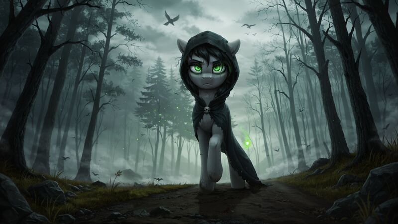 Size: 2560x1440 | Tagged: safe, ai content, derpibooru import, generator:pony realism 2.1, machine learning generated, oc, unofficial characters only, bird, crow, earth pony, pony, g4, cloak, clothes, dark, female, fog, forest, frown, glow, glowing eyes, glowing eyes of doom, grass, image, jpeg, lidded eyes, looking up, mare, nature, ominous, prompter:siber, raised hoof, scenery, sinister, solo, tree