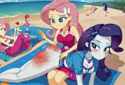 Size: 1600x1095 | Tagged: suggestive, ai content, machine learning generated, prompter:desconhecido2000, fluttershy, rarity, human, equestria girls, ass, beach, bikini, breasts, butt, clothes, image, jpeg, over the knee, rearity, reddened butt, spank mark, spanked, spanking, swimsuit