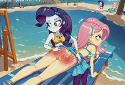 Size: 1600x1095 | Tagged: suggestive, ai content, machine learning generated, prompter:desconhecido2000, fluttershy, rarity, human, equestria girls, ass, beach, bikini, breasts, butt, clothes, flutterbutt, image, jpeg, over the knee, spank mark, spanked, spanking, swimsuit