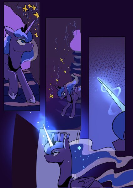 Size: 1448x2048 | Tagged: safe, artist:piesinful, derpibooru import, princess luna, alicorn, pony, comic:unlucky day, fanfic:cupcakes, g4, comic, female, glow, glowing horn, horn, image, jpeg, light spell, mare, no dialogue, solo, stairs