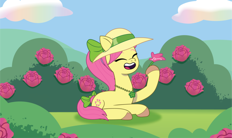 Size: 2102x1247 | Tagged: safe, artist:prixy05, derpibooru import, posey (g5), earth pony, pony, g5, my little pony: tell your tale, eyes closed, female, flower, hat, image, lying down, mare, png, rose, solo, sun hat