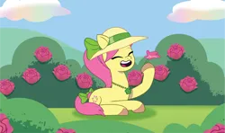 Size: 2102x1247 | Tagged: safe, artist:prixy05, derpibooru import, posey (g5), earth pony, pony, g5, my little pony: tell your tale, eyes closed, female, flower, hat, image, lying down, mare, png, rose, solo, sun hat