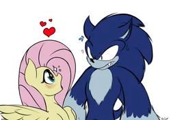 Size: 5014x3526 | Tagged: safe, artist:alexsc112, derpibooru import, fluttershy, pegasus, pony, werewolf, blushing, duo, heart, image, open mouth, png, question mark, simple background, sonic the hedgehog, sonic the hedgehog (series), sonic the werehog, sonic unleashed, sparkles, werehog, white background