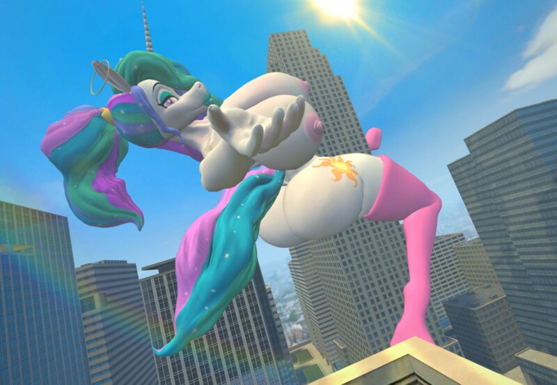 Size: 1280x887 | Tagged: questionable, artist:eltorus19, ponerpics import, princess celestia, anthro, 3d, bimbo, bimbo celestia, breasts, butt, clothes, female, image, jpeg, latex, latex socks, nipples, nudity, size difference, skyscraper, socks