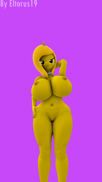 Size: 1080x1920 | Tagged: questionable, artist:eltorus19, ponerpics import, oc, oc:golden lust, unofficial characters only, anthro, 3d, breasts, female, image, nipples, nudity, pink background, png, simple background