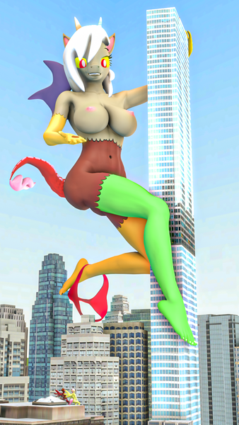 Size: 720x1280 | Tagged: questionable, artist:eltorus19, ponerpics import, discord, anthro, 3d, bikini, bikini bottom, breasts, city, clothes, eris, female, giantess, image, macro, nipples, nudity, png, rule 63, skyscraper, swimsuit