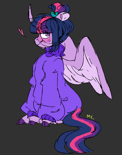 Size: 1225x1555 | Tagged: safe, artist:sparjechkaa, derpibooru import, twilight sparkle, twilight sparkle (alicorn), alicorn, clothes, dark background, hair bun, image, looking back, old art, png, sitting, sketch, solo, sweater