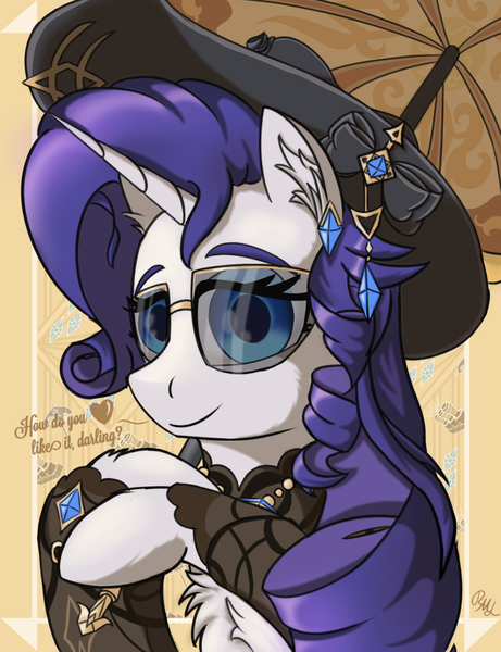 Size: 1798x2340 | Tagged: safe, artist:raritymylove, derpibooru import, rarity, pony, unicorn, chest fluff, clothes, cosplay, costume, darling, ear fluff, genshin impact, giant hat, hat, horn, image, jewelry, looking at you, navia, png, simple background, solo, sunglasses, umbrella