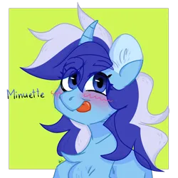 Size: 1500x1500 | Tagged: safe, artist:sparjechkaa, derpibooru import, minuette, pony, unicorn, blushing, bust, eyebrows, eyebrows visible through hair, female, goofy, horn, image, looking at you, old art, png, silly, silly pony, solo, solo female, tongue out