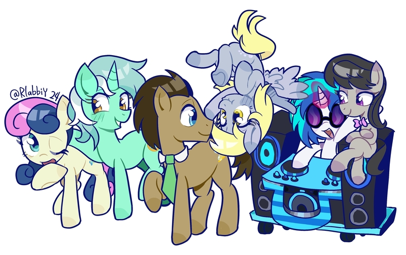 Size: 3149x1984 | Tagged: safe, artist:rlabbiy, derpibooru import, bon bon, derpy hooves, doctor whooves, lyra heartstrings, octavia melody, sweetie drops, time turner, vinyl scratch, earth pony, pegasus, pony, unicorn, background six, female, horn, image, jpeg, magic, male, mare, one eye closed, open mouth, raised hoof, scrunchy face, simple background, sitting, smiling, stallion, telekinesis, upside down, white background, wubcart