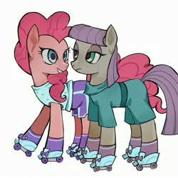 Size: 4252x4252 | Tagged: safe, artist:qianhe498, derpibooru import, maud pie, pinkie pie, earth pony, pony, clothes, female, grin, image, jpeg, looking at each other, looking at someone, mare, roller skates, shirt, shorts, siblings, simple background, sisters, skates, smiling, white background