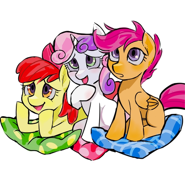 Size: 4252x4252 | Tagged: safe, artist:qianhe498, derpibooru import, apple bloom, scootaloo, sweetie belle, earth pony, pegasus, pony, unicorn, cute, cutie mark crusaders, daaaaaaaaaaaw, female, filly, foal, horn, image, jpeg, lying down, open mouth, pillow, prone, simple background, sitting on pillow, smiling, white background