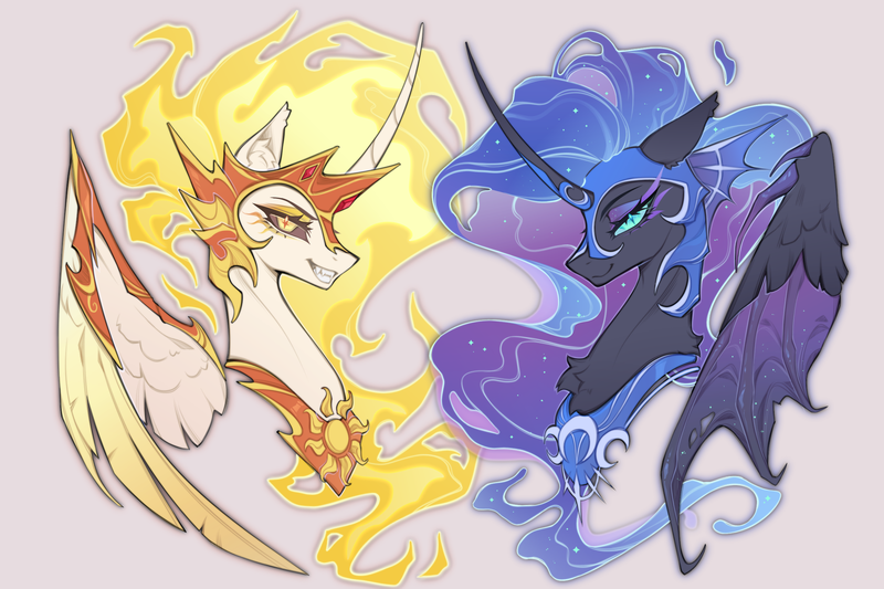 Size: 2400x1600 | Tagged: safe, artist:atardanto, derpibooru import, daybreaker, nightmare moon, princess celestia, princess luna, alicorn, pony, bust, fangs, female, gray background, grin, image, mare, png, portrait, royal sisters, siblings, simple background, sisters, slender, smiling, spread wings, sternocleidomastoid, thin, wings