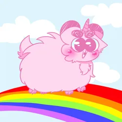 Size: 1024x1024 | Tagged: safe, artist:sparjechkaa, derpibooru import, oc, oc:sanechka, clothes, cloud, cosplay, costume, feral, feral fluffy pony, fluffy, fluffypuff, horn, image, old art, pink coat, pink fluffy unicorns dancing on rainbows, png, rainbow, unicorn horn