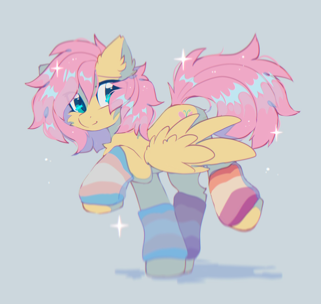 Size: 1800x1704 | Tagged: safe, artist:mirtash, derpibooru import, fluttershy, pegasus, pony, alternate hairstyle, blue background, clothes, cute, female, image, leg warmers, lesbian pride flag, mare, png, pride, pride flag, raised hoof, raised leg, shyabetes, simple background, solo, trans female, trans fluttershy, transgender, transgender pride flag