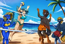 Size: 2891x1952 | Tagged: safe, artist:pridark, derpibooru import, oc, unofficial characters only, anthro, pegasus, unguligrade anthro, beach, breasts, female, image, male, palm tree, pegasus oc, png, sports, tree, volleyball, volleyball net, wings