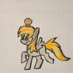 Size: 1408x1408 | Tagged: safe, artist:koidial, derpibooru import, part of a set, derpy hooves, pegasus, pony, g4, craft, eyelashes, female, food, image, irl, jpeg, lined paper, long description, mare, mixed media, muffin, papercraft, photo, raised hoof, raised leg, smiling, solo, spread wings, standing on two hooves, tail, traditional art, wings, yellow eyes, yellow mane, yellow tail