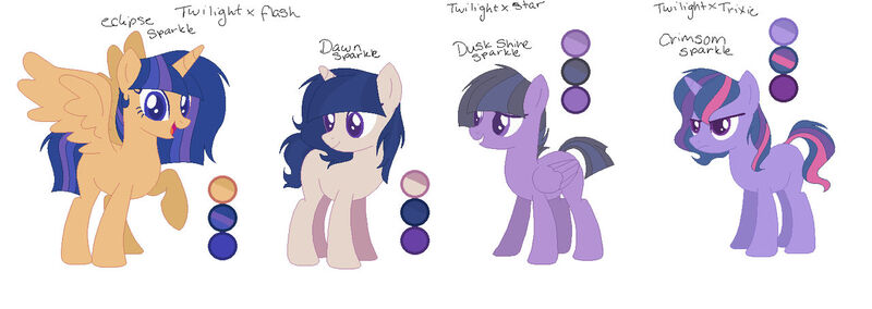 Size: 1280x454 | Tagged: safe, artist:selenaede, artist:trollertnt, derpibooru import, oc, oc:crimson sparkle, oc:dawn sparkle, oc:dusk shine sparkle, oc:eclipse sparkle, alicorn, pegasus, pony, unicorn, alicorn oc, base used, color palette, colored eyelashes, colored pupils, female, group, half-siblings, horn, image, jpeg, magical lesbian spawn, male, mare, next generation, offspring, open mouth, open smile, parent:flash sentry, parent:star tracker, parent:trixie, parent:twilight sparkle, parents:flashlight, parents:twitracker, parents:twixie, pegasus oc, purple eyelashes, purple eyes, purple pupils, quartet, raised hoof, siblings, simple background, smiling, stallion, unicorn oc, white background, wings