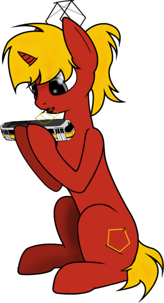 Size: 571x1050 | Tagged: safe, artist:subway777, derpibooru import, oc, oc:tatra streetcar, ponified, unofficial characters only, pony, unicorn, bangs, gray eyes, hoof hold, horn, image, looking at something, model train, open mouth, open smile, png, ponytail, red coat, simple background, sitting, slender, smiling, solo, tail, thin, tied mane, train, tram, transparent background, unicorn horn, unicorn oc, yellow mane, yellow tail