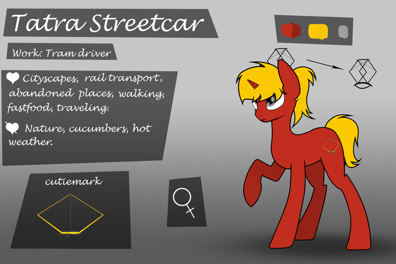 Size: 3000x2000 | Tagged: safe, artist:subway777, derpibooru import, oc, oc:tatra streetcar, unofficial characters only, pony, unicorn, color palette, gradient background, gray eyes, horn, image, long legs, looking up, png, ponytail, raised hoof, red coat, reference sheet, solo, standing on three hooves, tail, text, tied mane, unicorn oc, white text, yellow mane, yellow tail