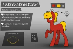 Size: 3000x2000 | Tagged: safe, artist:subway777, derpibooru import, oc, oc:tatra streetcar, unofficial characters only, pony, unicorn, color palette, gradient background, gray eyes, horn, image, long legs, looking up, png, ponytail, raised hoof, red coat, reference sheet, solo, standing on three hooves, tail, text, tied mane, unicorn oc, white text, yellow mane, yellow tail