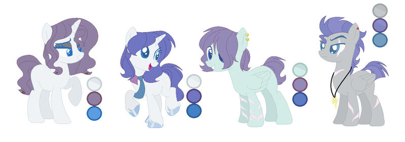 Size: 1280x451 | Tagged: safe, artist:trollertnt, derpibooru import, oc, oc:diamond jewel, oc:lightning, oc:princess opal blood, oc:tornado, pegasus, pony, unicorn, base used, blue coat, blue eyelashes, blue eyes, blue hooves, blue pupils, clothes, color palette, colored eyebrows, colored eyelashes, colored hooves, colored pupils, ear piercing, earring, eye scar, facial scar, female, folded wings, gray eyeshadow, group, hooves, horn, image, jewelry, jpeg, leg scar, lidded eyes, male, mare, neck scar, necklace, necktie, next generation, oc redesign, offspring, parent:fancypants, parent:night glider, parent:prince blueblood, parent:rarity, parent:thunderlane, parents:rariblood, parents:rariglider, parents:rarilane, parents:raripants, pegasus oc, pendant, piercing, pixel-crisp art, purple mane, purple tail, quartet, scar, shiny hooves, stallion, standing, standing on three hooves, standing on two hooves, tail, torn ear, unicorn oc, unshorn fetlocks, wavy mane, wavy tail, white coat, wings