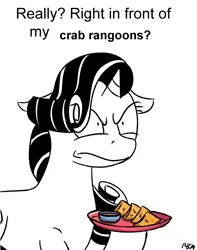 Size: 2086x2642 | Tagged: safe, artist:pony-berserker, derpibooru import, rarity, crab, giant crab, crab meat, crab rangoon, image, meme, png, ponified meme, rarity fighting a giant crab, really? right in front of my x