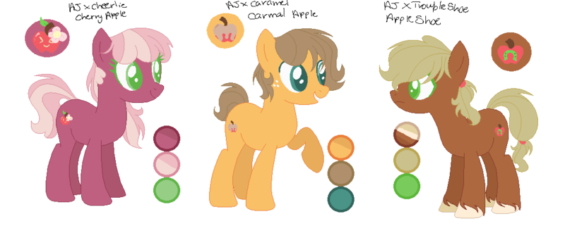 Size: 1113x446 | Tagged: safe, artist:selenaede, artist:trollertnt, derpibooru import, oc, oc:apple shoe, oc:caramel apple, oc:cherry apple, unofficial characters only, earth pony, pony, g4, base used, brown mane, brown tail, color palette, colored eyelashes, colored hooves, colored pupils, cream hooves, earth pony oc, female, freckles, green eyelashes, green eyes, green pupils, grin, half-siblings, hooves, image, looking at someone, magical lesbian spawn, male, mare, next generation, oc redesign, offspring, open mouth, open smile, orange coat, parent:applejack, parent:caramel, parent:cheerilee, parent:trouble shoes, parent:troubleshoes clyde, parents:carajack, parents:cheerijack, parents:troublejack, pink mane, pink tail, pixel-crisp art, png, ponytail, purple coat, raised hoof, short mane, simple background, smiling, smiling at someone, stallion, standing, standing on three hooves, tail, tan mane, tan tail, teal eyelashes, teal eyes, teal pupils, tied mane, tied tail, two toned mane, two toned tail, unshorn fetlocks, white background