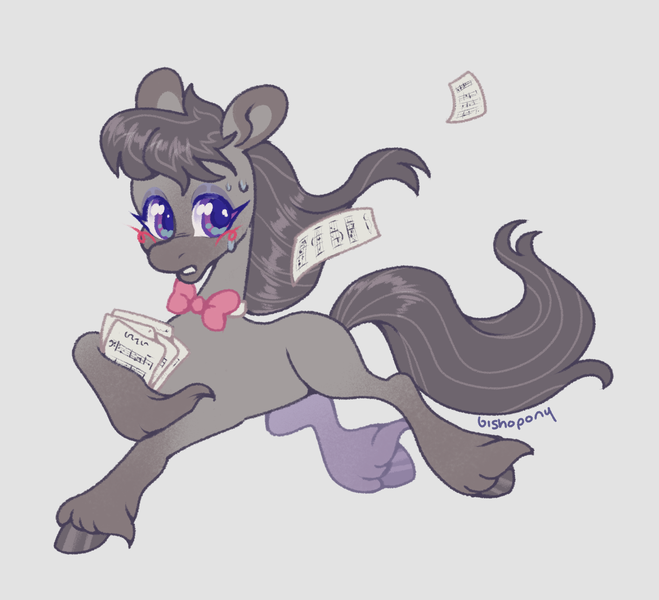 Size: 2048x1866 | Tagged: safe, artist:bishopony, derpibooru import, octavia melody, earth pony, pony, g4, alternate design, alternate mane color, alternate tail color, blue eyelashes, blush scribble, blushing, bowtie, coat markings, colored ears, colored eyelashes, colored hooves, colored pupils, dark muzzle, eyeshadow, facial markings, female, fetlock tuft, frown, gradient legs, gray background, gray coat, gray eyeshadow, gray hooves, hoof hold, hooves, image, lidded eyes, long mane, long tail, looking back, makeup, mare, missing cutie mark, paper, pink bow, png, purple eyes, requested art, running, sheet music, shiny mane, shiny tail, signature, simple background, socks (coat marking), solo, sweat, sweatdrop, tail, thin, unshorn fetlocks