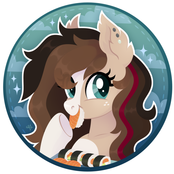 Size: 1920x1920 | Tagged: safe, artist:kabuvee, derpibooru import, oc, oc:ryolit, pony, bust, female, food, image, mare, nom, png, portrait, solo, sushi