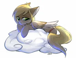 Size: 1749x1361 | Tagged: source needed, safe, artist:enjaadjital, derpibooru import, oc, unofficial characters only, pegasus, pony, cloud, colored wings, eyebrows, eyebrows visible through hair, female, floppy ears, folded wings, image, jpeg, looking down, lying down, lying on a cloud, mare, on a cloud, pegasus oc, prone, simple background, solo, two toned wings, white background, wings