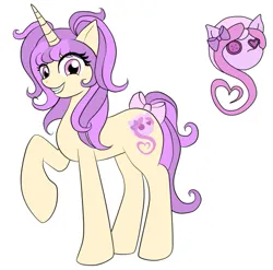 Size: 573x567 | Tagged: safe, artist:sugarlala-wut, derpibooru import, oc, unnamed oc, unofficial characters only, pony, unicorn, bow, female, grin, horn, image, mare, pigtails, png, raised hoof, simple background, smiling, standing, tail, tail bow, unicorn oc, white background