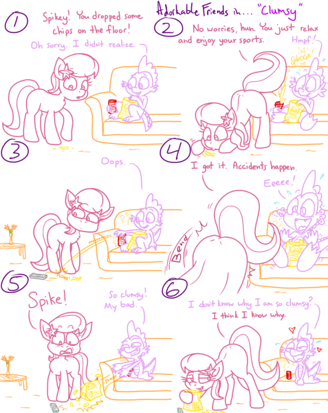 Size: 4779x6013 | Tagged: safe, artist:adorkabletwilightandfriends, derpibooru import, lily, lily valley, spike, comic:adorkable twilight and friends, adorkable, adorkable friends, ass up, back, bend over, bending, bent over, butt, chips, comic, couch, cute, dating, dimples, dimples of venus, dork, drink, eating, excited, face down ass up, food, happy, horny, image, love, naughty, plot, png, raised tail, relationship, relaxing, remote, sitting, slice of life, smiling, snack, soda, soda can, spill, spilled drink, squeeze, squeezing, tail, throwing, toss, turned on, vase