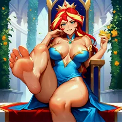 Size: 4096x4096 | Tagged: suggestive, ai content, derpibooru import, machine learning generated, prompter:cheeses, stable diffusion, sunset shimmer, alicorn, equestria girls, g4, alicornified, barefoot, big breasts, breasts, busty sunset shimmer, cleavage, clothes, dress, feet, female, fetish, flower, foot fetish, foot focus, generator:purplesmart.ai, image, jpeg, looking at you, princess, race swap, shimmercorn, sitting, smiling, smiling at you, smug, soles, solo, solo female, sweat, sweaty feet, sweaty soles, teasing, throne, throne room