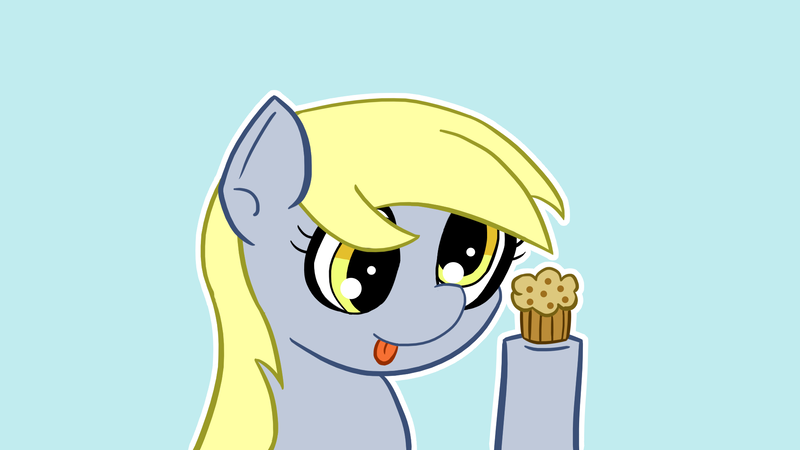 Size: 1920x1080 | Tagged: safe, artist:claynus, derpibooru import, derpy hooves, pony, blue background, food, image, muffin, png, simple background, solo, tongue out