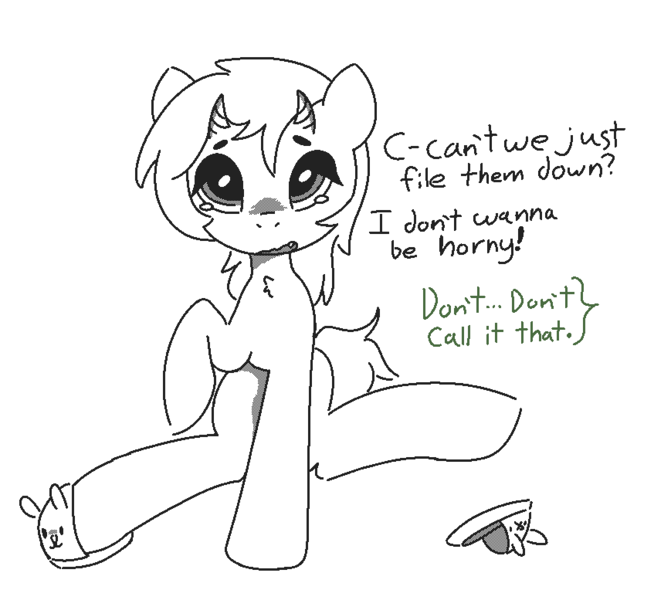 Size: 847x777 | Tagged: safe, artist:castafae, derpibooru import, oc, oc:velveteen, unofficial characters only, pony, bunny slippers, chest fluff, clothes, dialogue, distressed, fangs, female, horn, image, implied anon, innocent innuendo, looking at you, mare, monochrome, multiple horns, png, sitting, slippers, solo, teary eyes