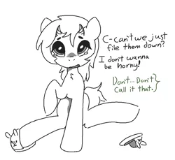 Size: 847x777 | Tagged: safe, artist:castafae, derpibooru import, oc, oc:velveteen, unofficial characters only, pony, bunny slippers, chest fluff, clothes, dialogue, distressed, fangs, female, horn, image, implied anon, innocent innuendo, looking at you, mare, monochrome, multiple horns, png, sitting, slippers, solo, teary eyes