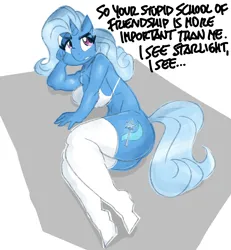 Size: 3000x3250 | Tagged: suggestive, artist:flutterthrash, derpibooru import, trixie, anthro, plantigrade anthro, unicorn, g4, 2d, ass, big breasts, bottomless, bra, breasts, busty trixie, butt, clothes, concave belly, cutie mark, dialogue, female, high res, horn, image, implied starlight glimmer, lying down, midriff, nudity, partial nudity, png, punctuation error, side, simple background, socks, solo, solo female, stockings, the great and powerful ass, thigh highs, underwear, white background