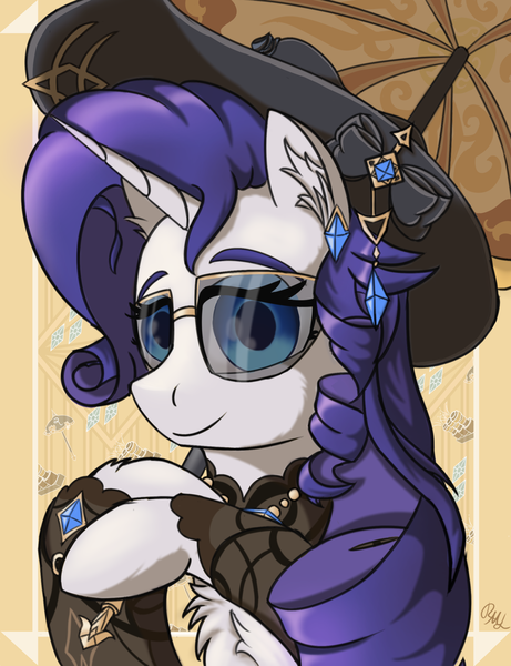 Size: 1798x2340 | Tagged: safe, artist:raritymylove, derpibooru import, rarity, pony, unicorn, chest fluff, clothes, cosplay, costume, ear fluff, genshin impact, giant hat, hat, horn, image, jewelry, looking at you, navia, png, solo, sunglasses, umbrella